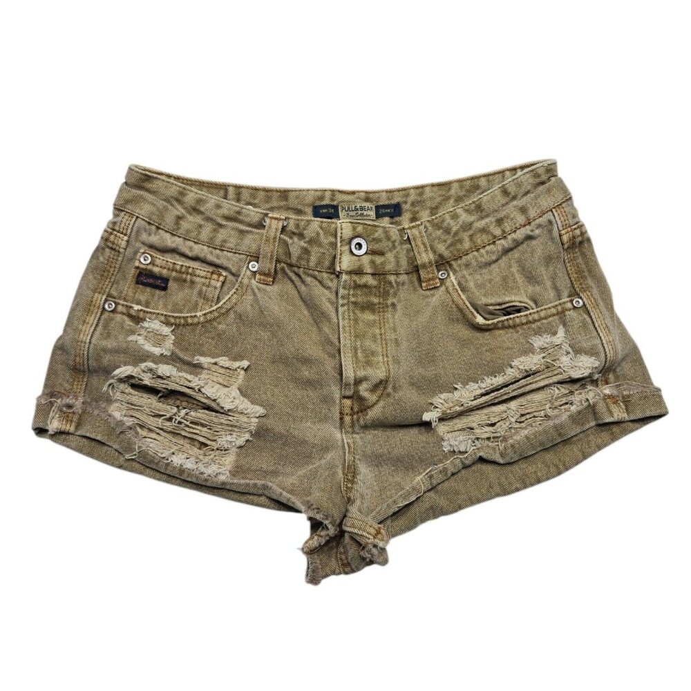 Pull and Bear Shorts Womens 6 Brown Distressed Denim Mid Rise Logo 28 in Waist‎